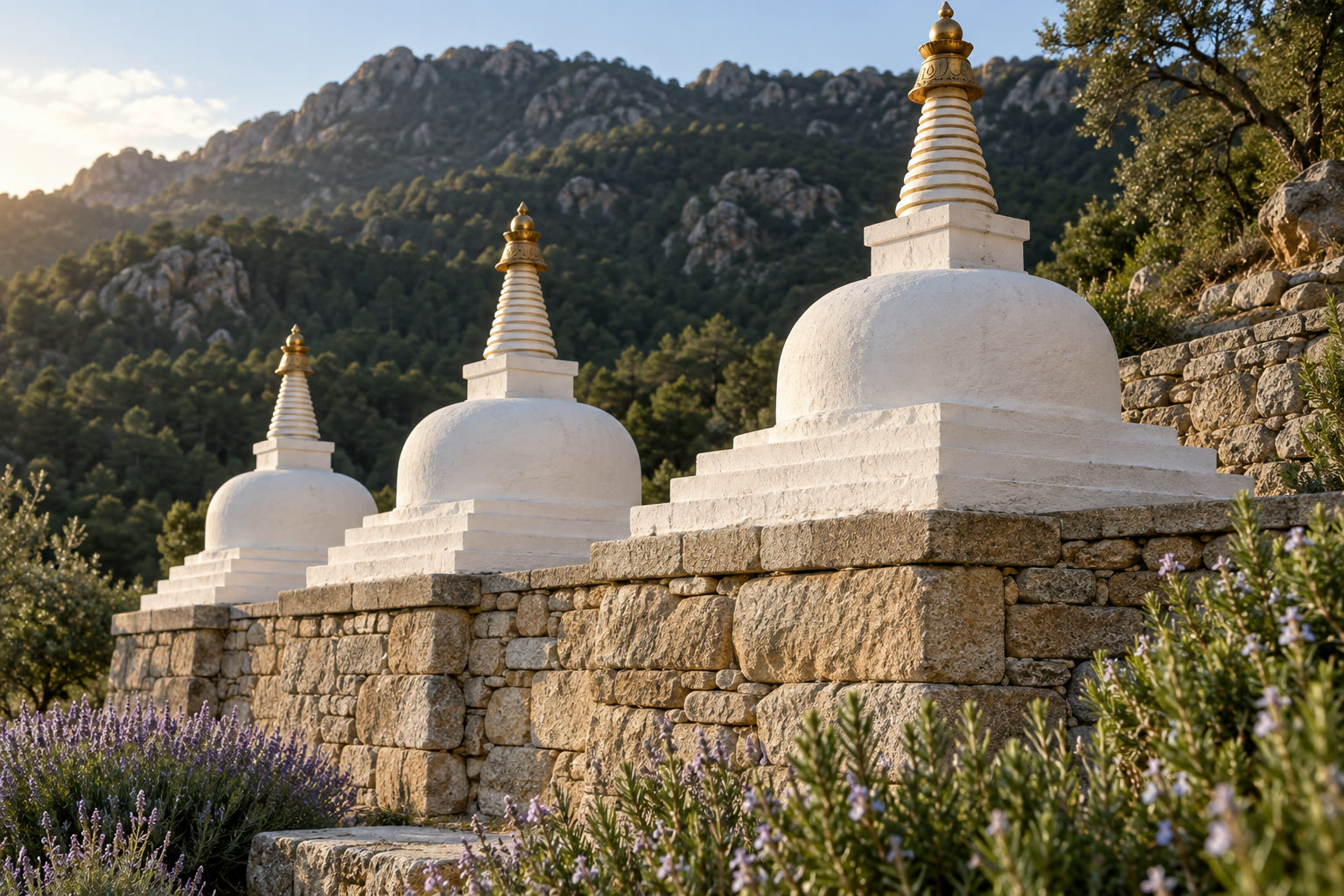 Render conceptual 3D — estupes blanques com la neu sobre murs de contenció en terrasses de pedra, mostrant la trobada de l'arquitectura sagrada Nyingma amb la mamposteria vernacla catalana