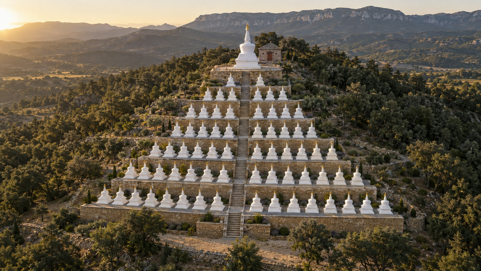 Concept aerial rendering of the 108 stupas on a Catalan mountainside