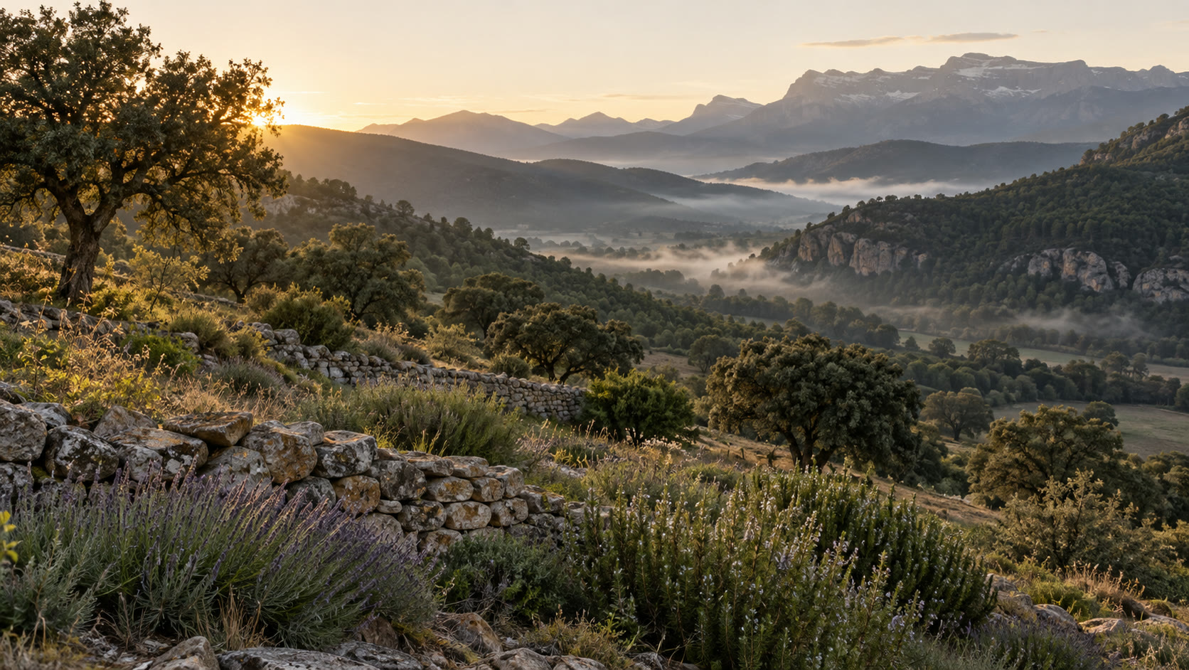 Paisatge a l'alba a la comarca del Berguedà, Catalunya rural — vessant orientat al sud amb alzines, espígol, murs de pedra seca i cresta pirinenca en la boira matinal