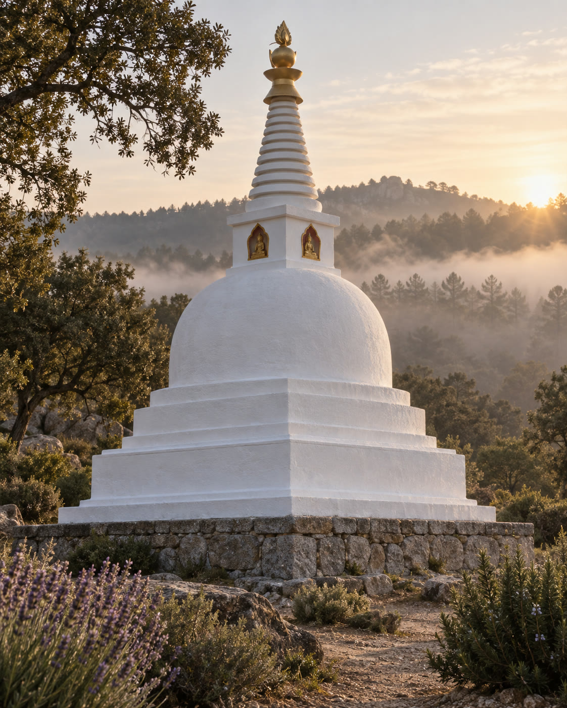 Fotografia cinematogràfica a nivell de terra d'una única estupa Nyingma blanca com la neu a l'alba — murs acabats d'enlluir amb calç, remat daurat mat, chattravali de 13 anells, sobre fonament de granit en una clariana d'alzines catalana amb espígol en primer terme